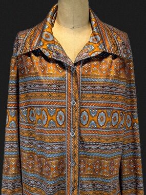 VINTAGE 70s funky bold stripe floral womens shirt disco silky button down earthy